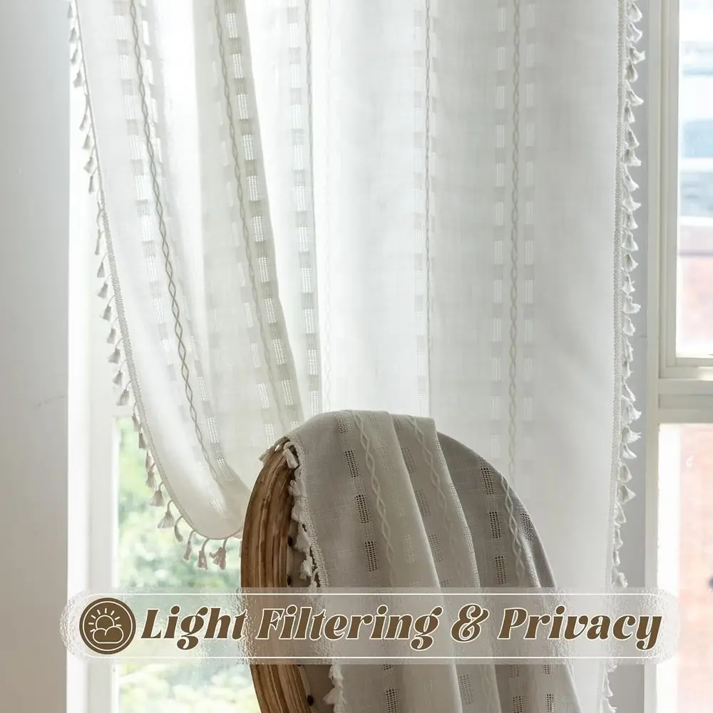 Cortinas de linho semitransparentes vintage, 96 longas, 2 painéis boho para sala de estar, quarto, berçário, filtragem de luz, privacidade, bo neutro