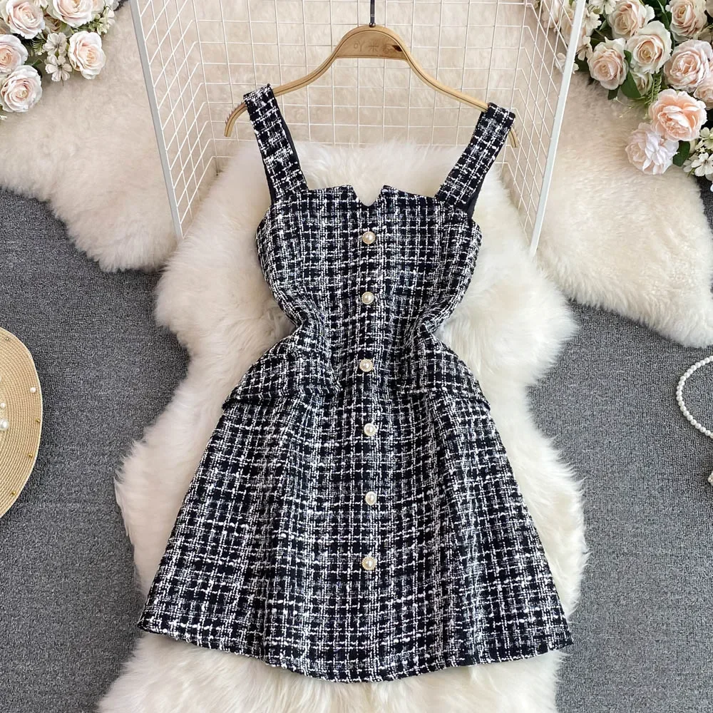 2024 Autumn Winter Korean Clothing Tweed Wool Mini Dress Sleeveless A- Line Woolen Dresses with Pearls Button Plus Size Elegant