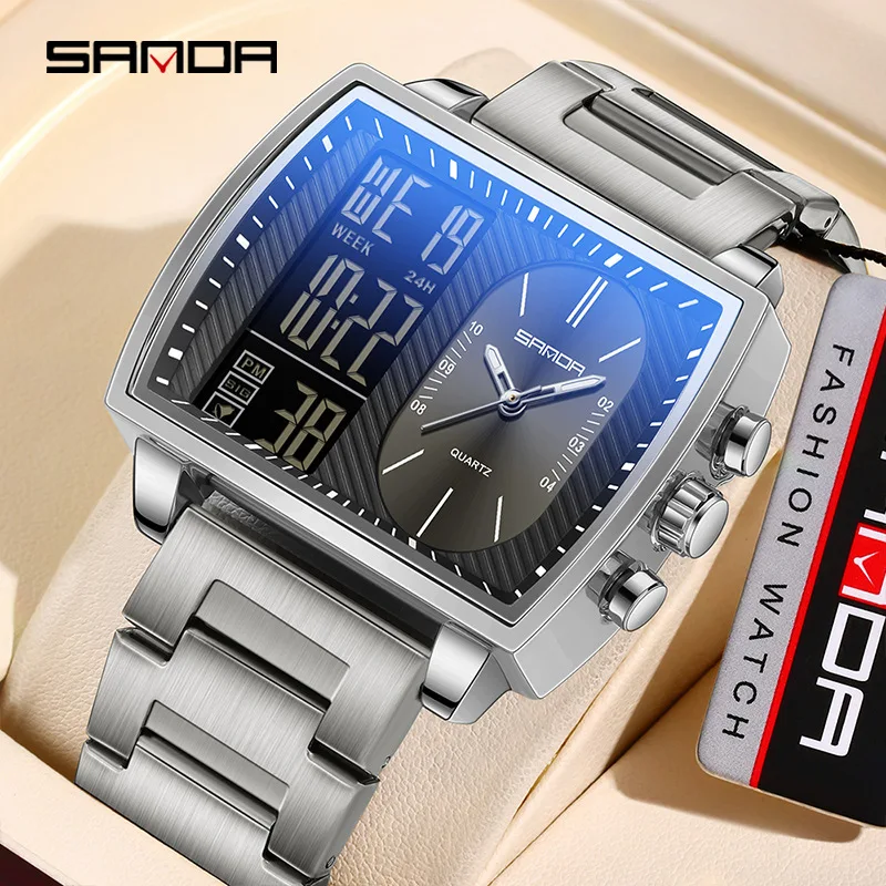 Rectangle Men Wrist Watch 2025 Top Brand Luxury Male Clock Gold Stainless Steel Band Dual Display Digital Quartz Watches For Men