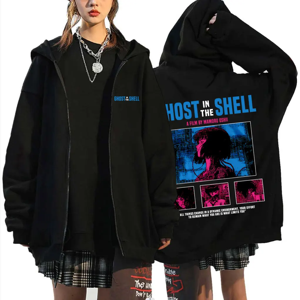 

Anime Ghost in The Shell Motoko Kusanagi Merch Zipper Hoodie Men Women Fleece Cotton Zip Up Jacket Y2k Manga Cosplay Streetwear