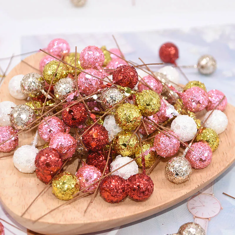 50/100/200pcs Glitter Fruit Stamens Cherry Christmas Artificial Flower Red Berries Beads for Christmas Tree Xmas Gift Decoration