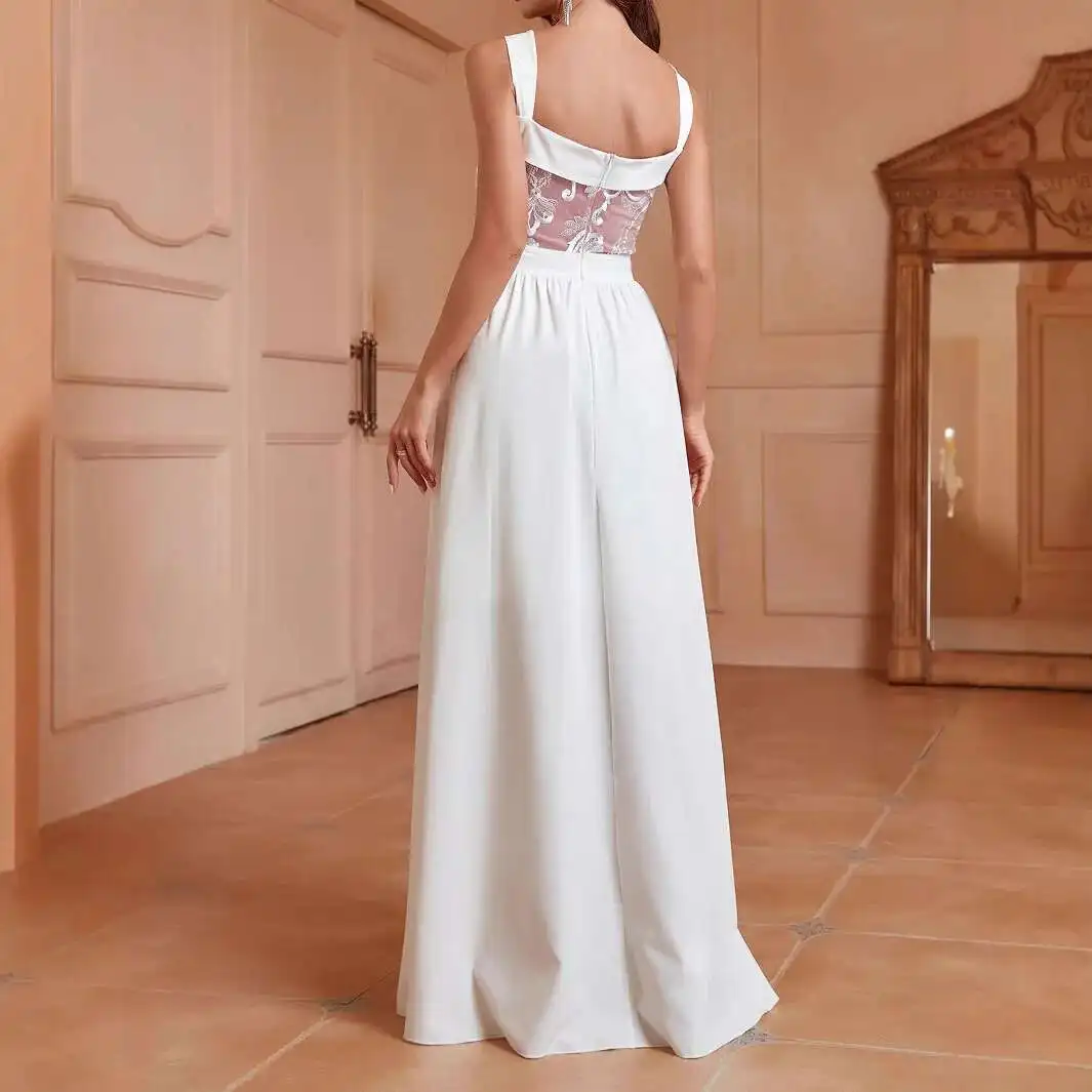 

Women's Solid Color Backless Long Skirt, Lace White Sexy Slit Dress 2025 Summer Dress Robe Vestido Women Elegant