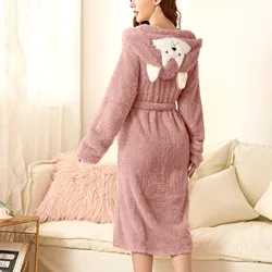 Women'S Bathrobe Double Pocket 3d Ear Hooded Flannel Bathrobe Robe Double-Faced Velvet Pajamas Soft And Warm Robes Sleepwear