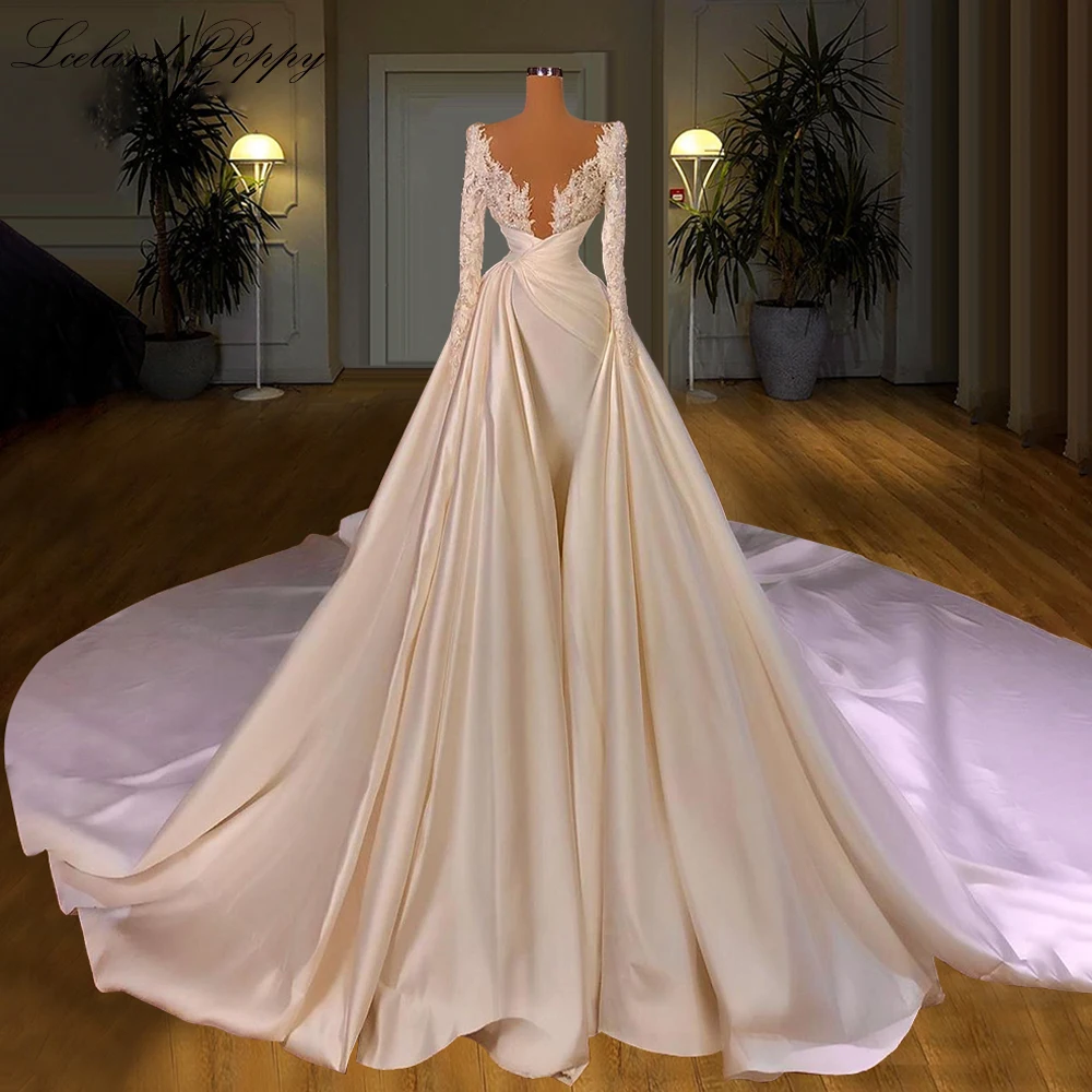 

Lceland Poppy Sexy Mermaid Satin Wedding Dresses Floor Length Pearls Beaded Long Sleeves Bridal Gowns with Detachable Train