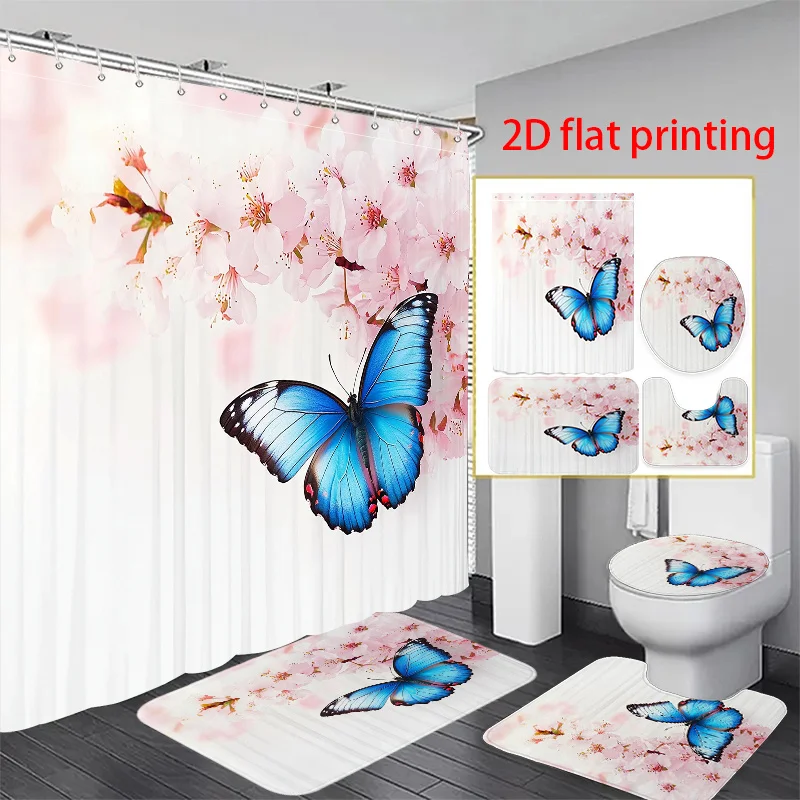 

4pcs 2D flat printing Shower Curtain Bathroom Set Blue Butterfly Among Pink Blossoms soft, High Quality, most bathtubs and