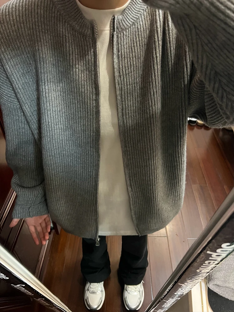 

Мужской вязаный кардиган в американском ретро-стиле, свободный свитер на весну-осень, с воротником-стойкой, в стиле Cleanfit