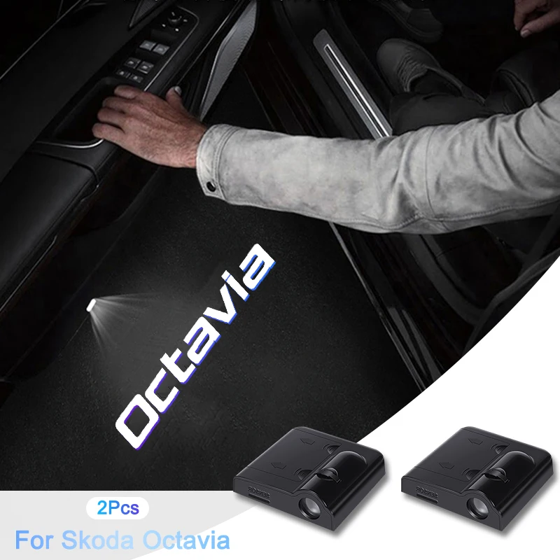 2Pcs Wireless LED Car Door Logo Projector Lamps Welcome Lights For Skoda Octavia 2 3 4 RS 5e HD Ghost Shadow Lamp Accessories