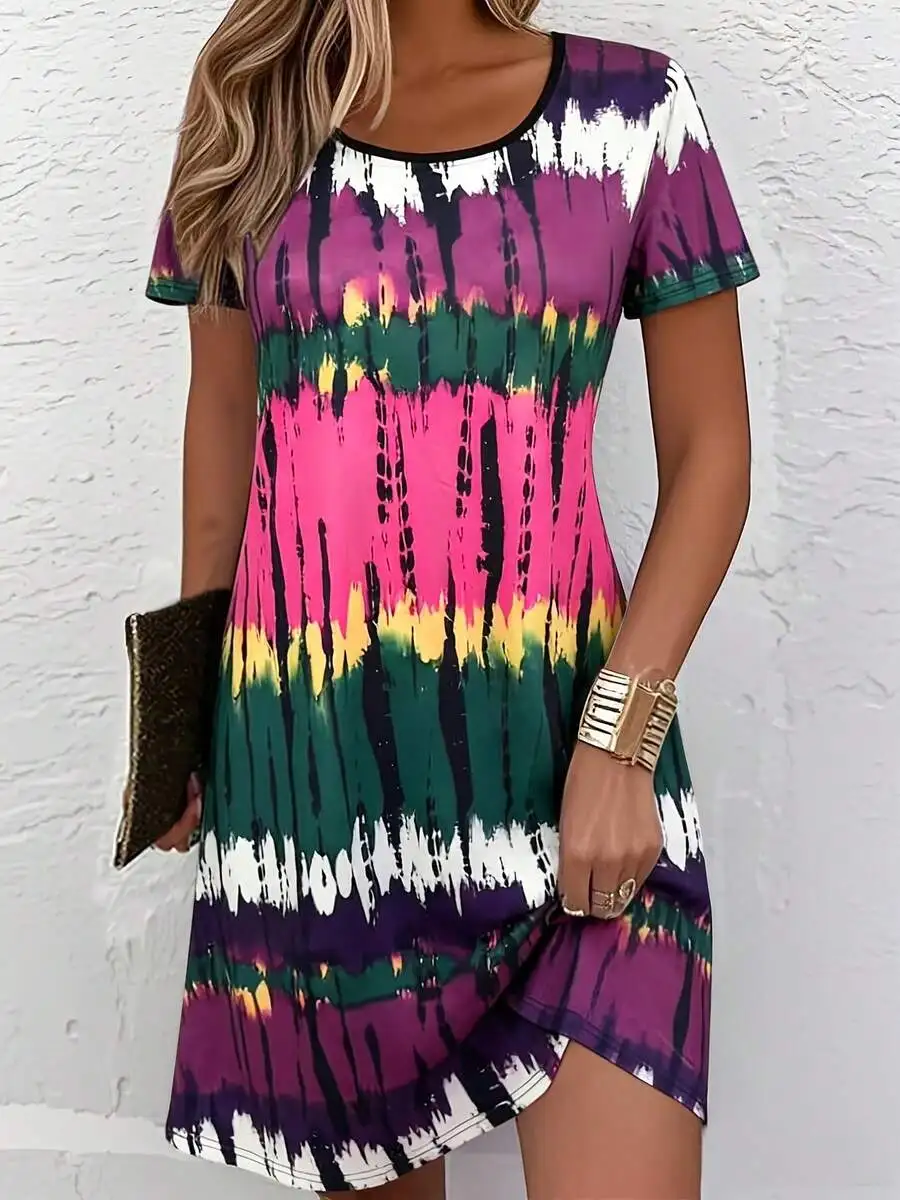 

Womens Casual Printed Breathable Round Neck Short Sleeve A-Line Dress