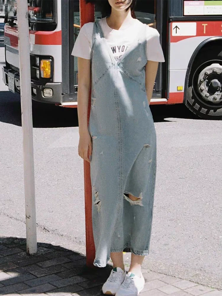 

New Summer Women's Dr Elely Svel Ripped oulder Strap V-ne Denim Dr Trendy Ethnic Stage Costume