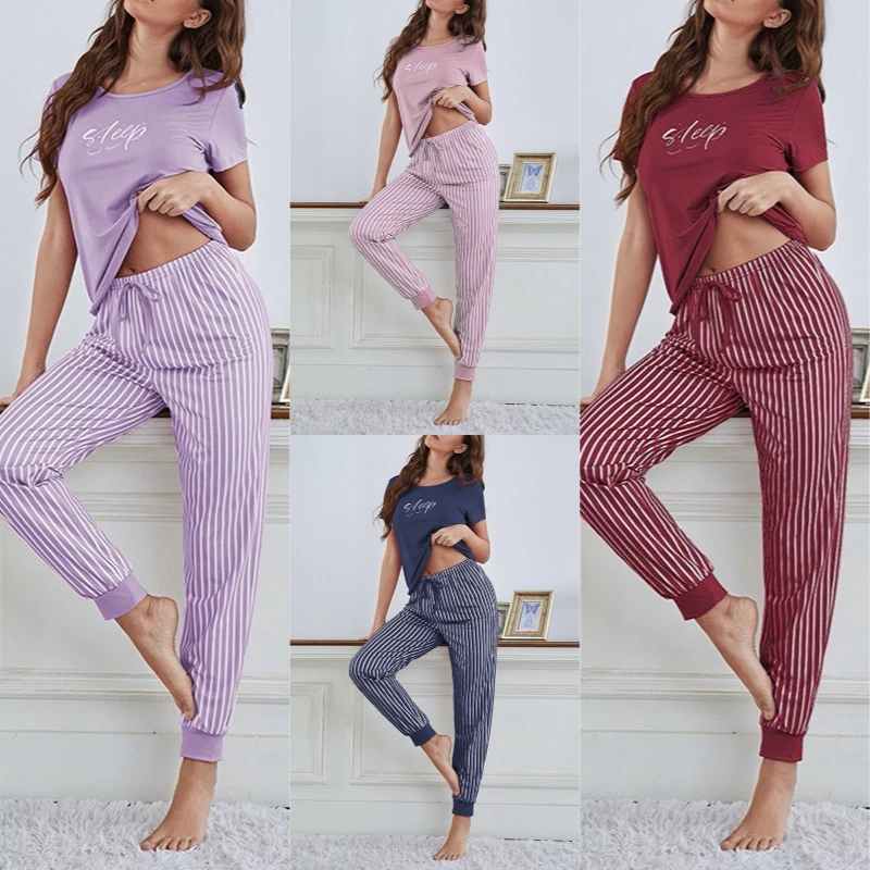 Summer Ladies Two-Piece Pajamas Women Short-Sleeved Striped Drawstring Pants Letter Print Silky Comfortable Loungewear Set