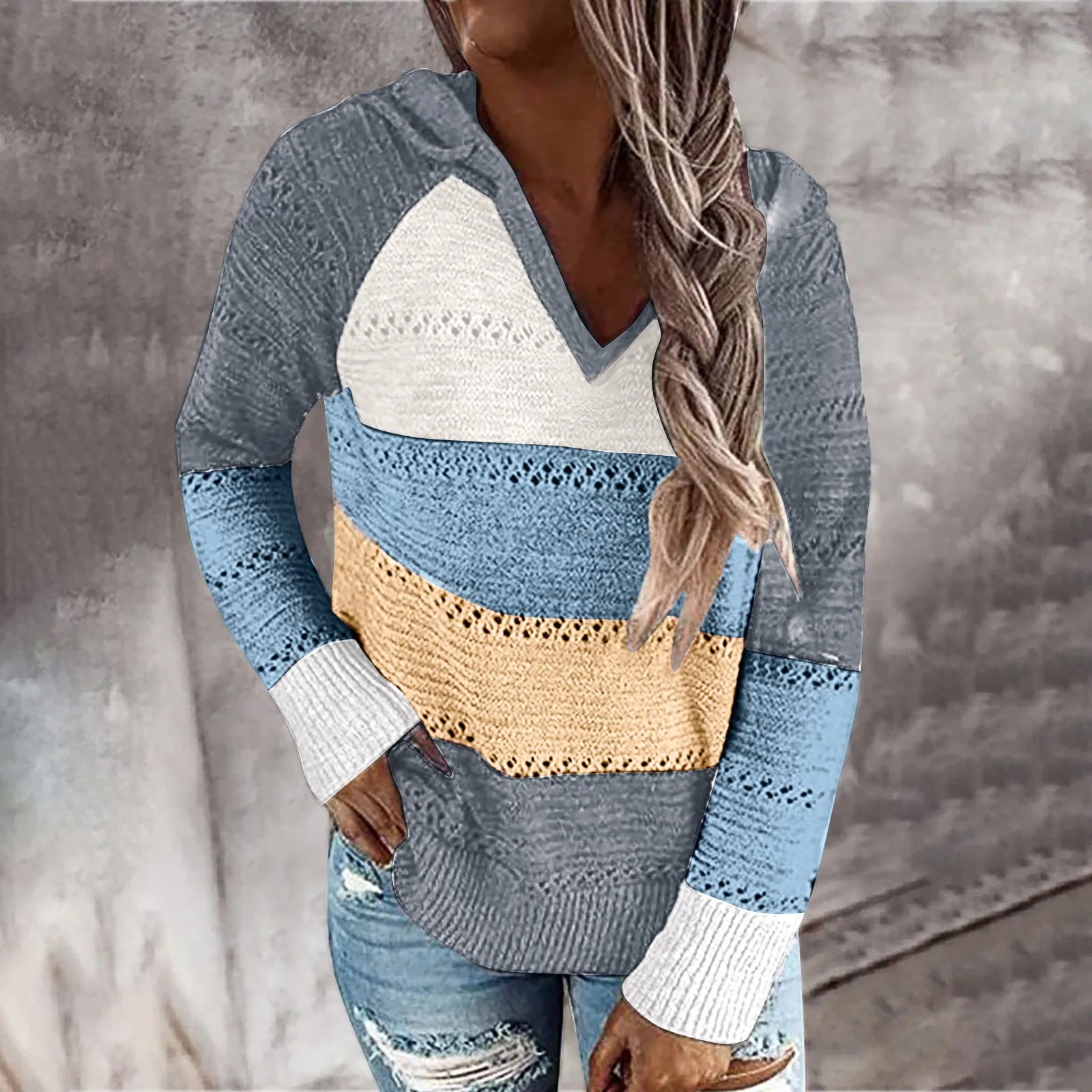 Women\'s Fashion Versatile Sweater Women\'s Long Sleeve Patchwork Hooded Sweater Top Autumn and Winter Thickened Sweater Top