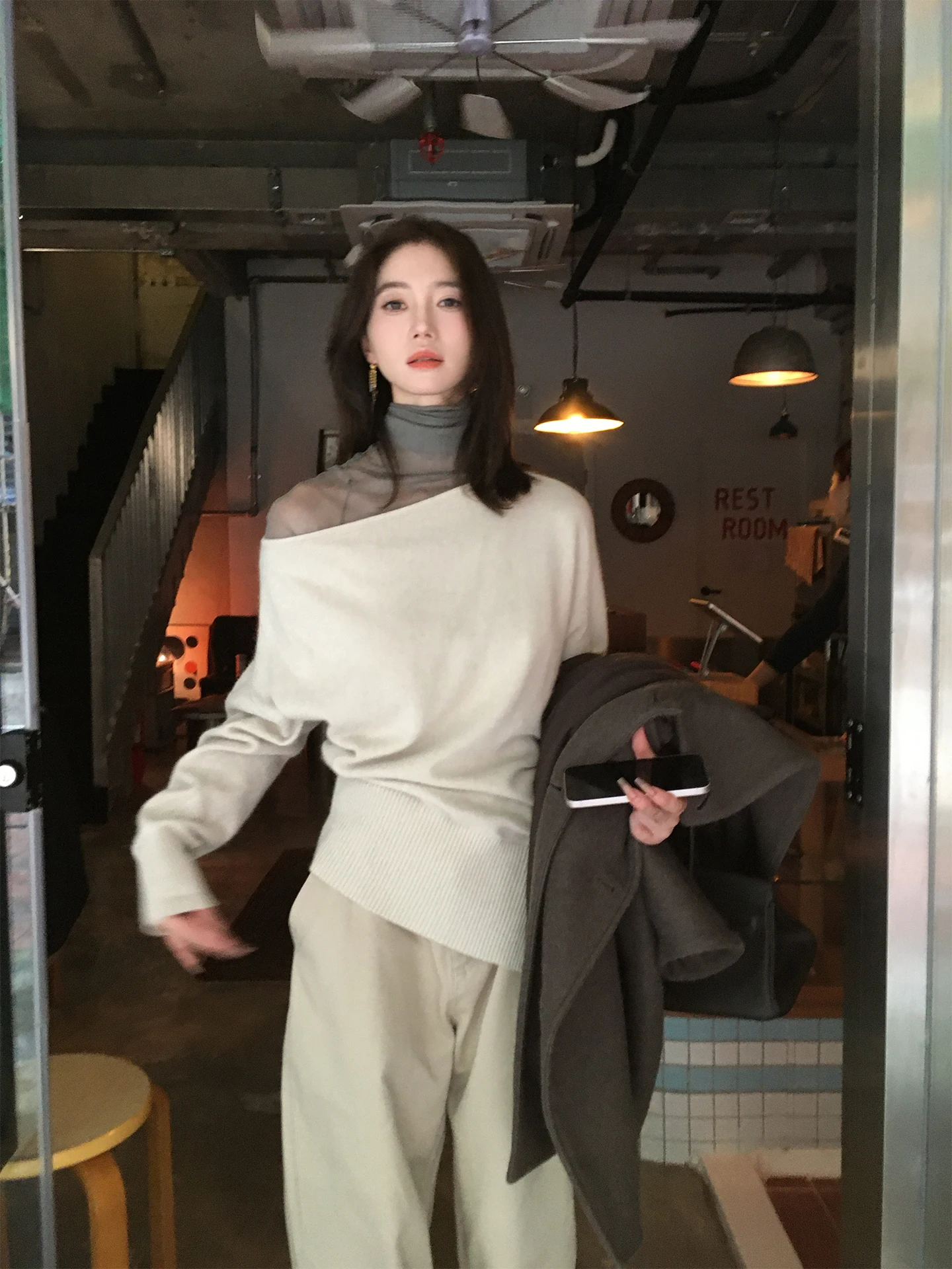 

Cunblvd Casual Loose Knitted Long Sve Women's Base irt Side Slit oulder Sle Korean Faion Wool Blend Base Tee