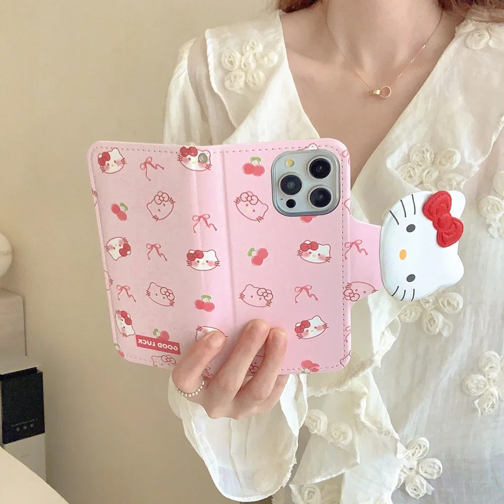 3D Kawaii Cherry Hello Kitty Folding Flap Leather Phone Case for IPhone 16 15 14 13 12 11 Pro Max Drop-resistant Back Cover Gift