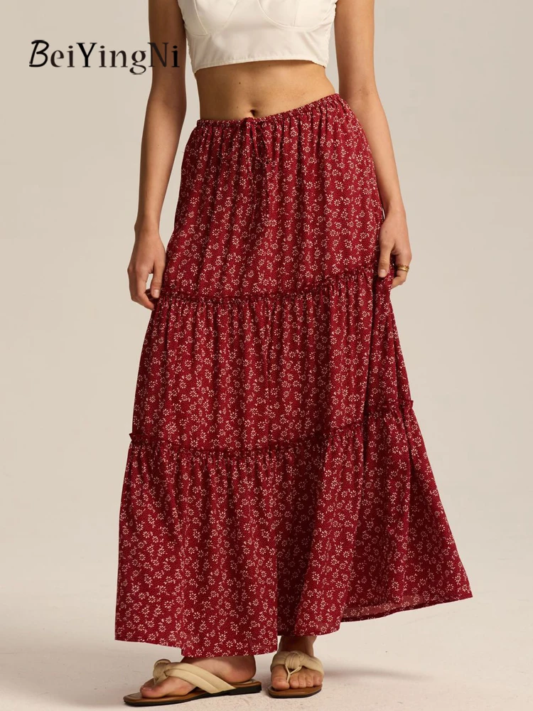 Beiyingni Summer Casual Women Skirt Floral Printed Vintage Fashion Holiday Long A-line Skirts Female Pockets Drawstring Faldas
