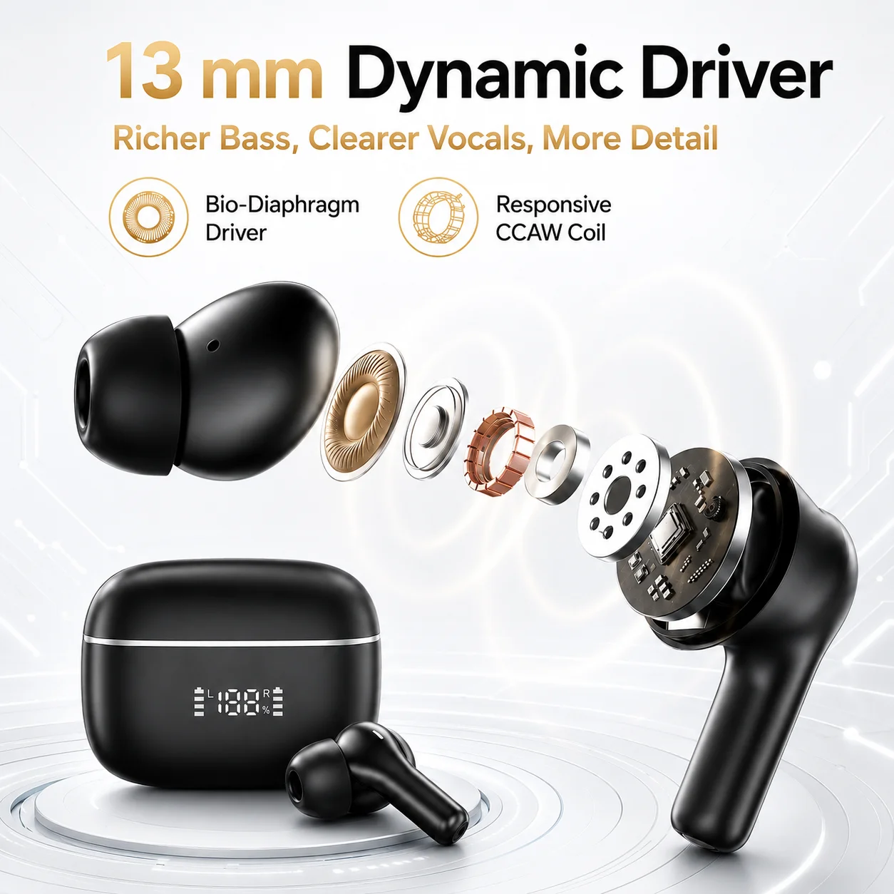 Bluetooth Earbuds with LED Display, 6 Mic Hybrid ANC, 13mm Dynamic Driver, HiFi Deep Bass, ENC Calls, Touch Control for Gaming