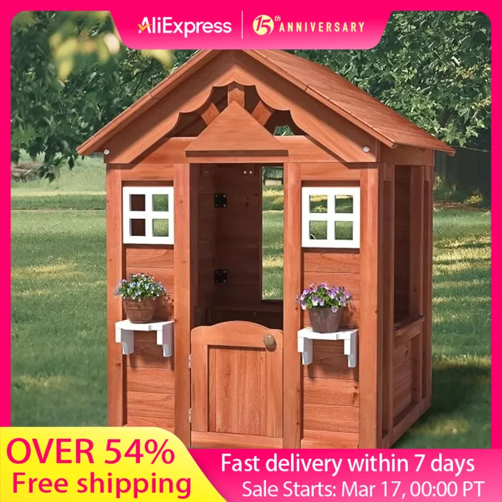 Kids Outdoor Playhouse Outside Game House Outdoor Playset for Ages 3-10 Toddler Boys Girls Wooden Adventures Cottage