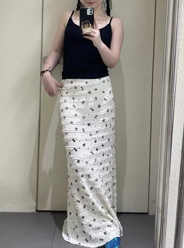 Summer Thin Floral Lace Print Half Skirt Women's mid Waist A-Line Long Dress  Knot Fish Tail Short Skirt