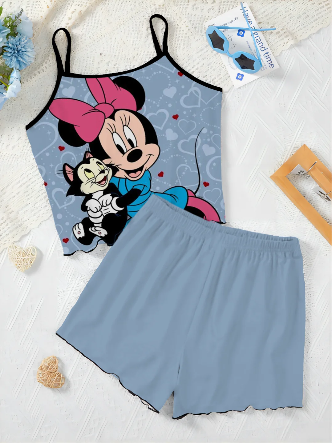 Women's Suit Short Sets Home Dress Lettuce Trim Minnie Mouse T-shirt Pajama Skirt Top Mickey Disney Pieces Elegant Disney Mickey