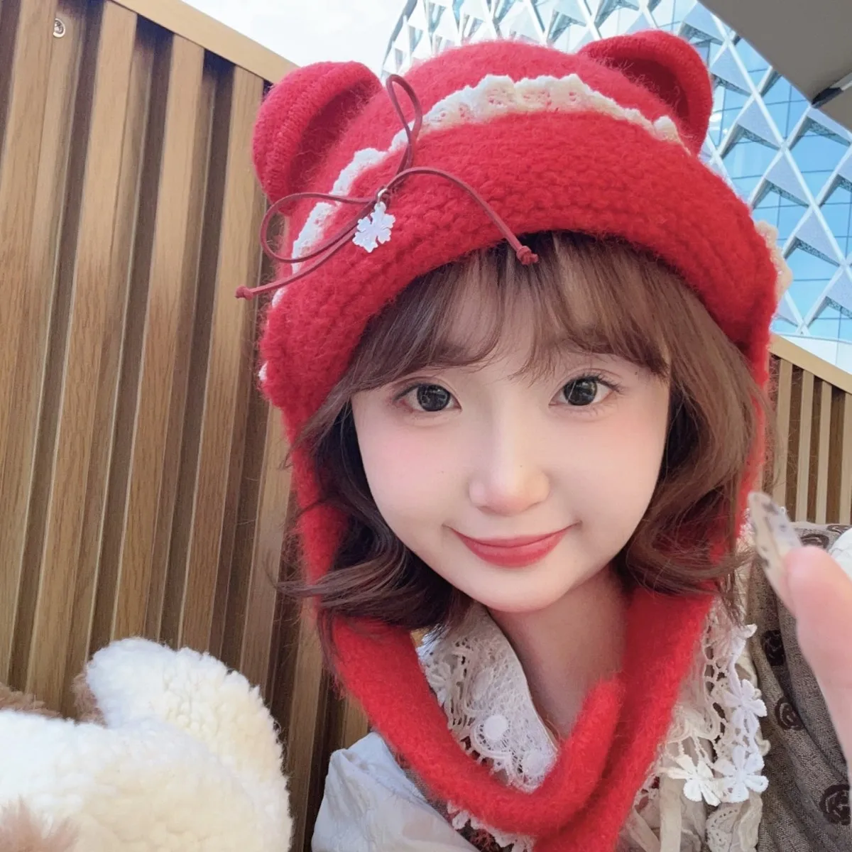 Cute Bear Ear Bow Knitted Hat Autumn Winter Warm Lace-Up Ear Protection Cap Outdoor Women's Bomber Cap Bonnets New Year Gift