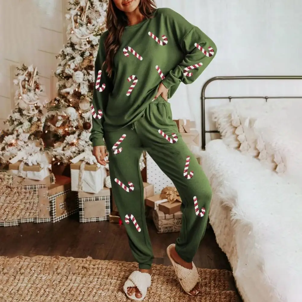 Sequined Christmas Trees Outfit Santa Claus Patterned Set Festive Holiday Pajama Set with Sequin Detailing Christmas for New