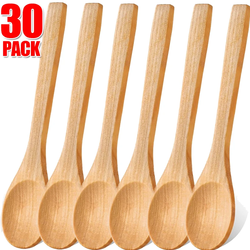 Kitchen Wooden Spoons Natural Wood Soup Spoon Long Handle Honey Coffee Milk Teaspoon Spice Condiment Scoops Tableware Supplies