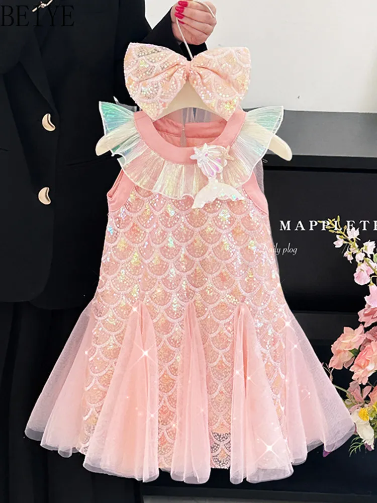 Girls' Princess Dress 2026 New Summer Girl's Sweet Mermaid Sequin Fishtail Dress Fashionable Kawaiikids' Dresses