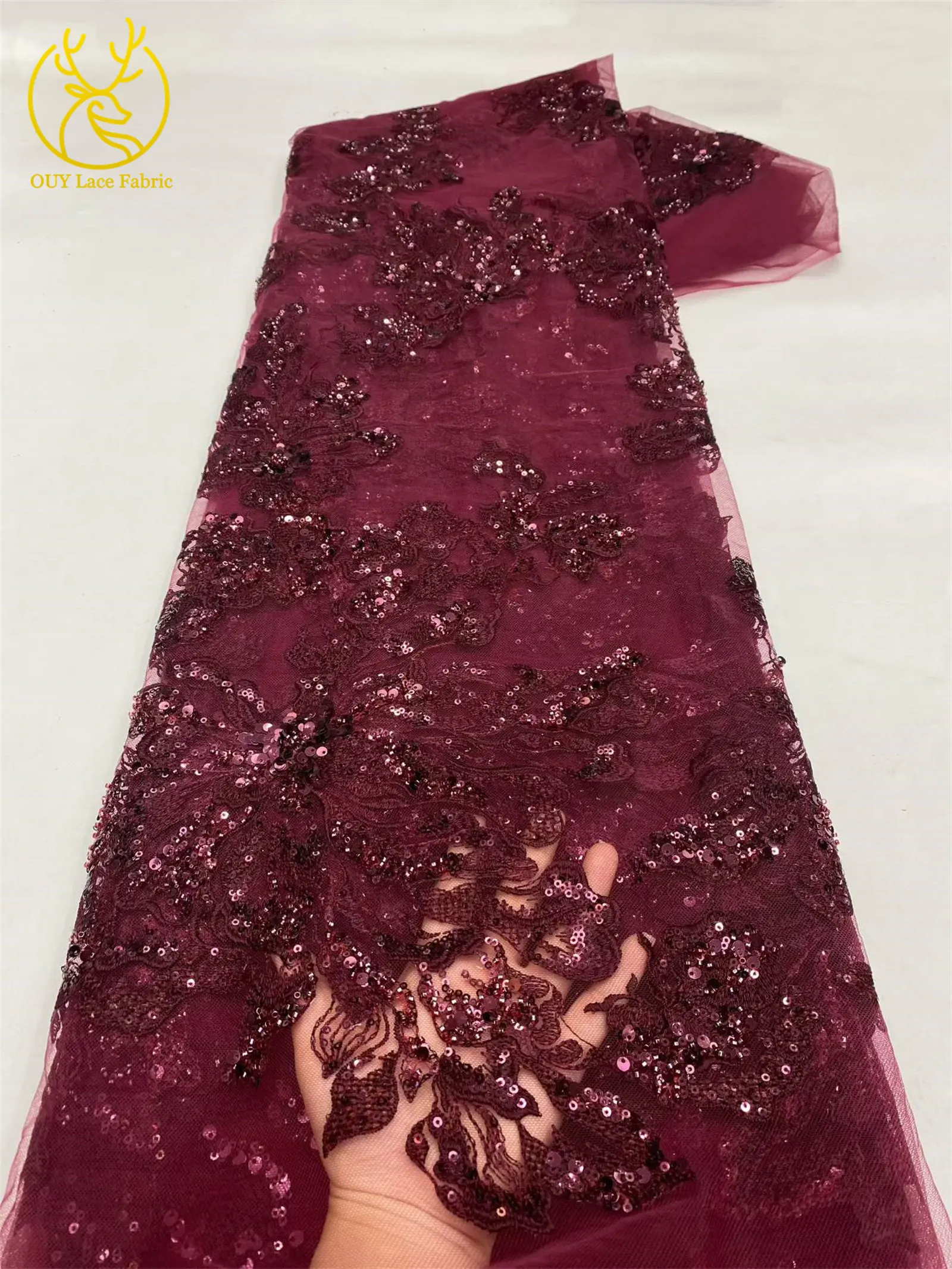 Roter Afrikanischer Bräutigam-Stickerei-Blumenspitzenstoff 2026 Hochwertiger Nigerianischer Pailletten-Perlen-Tüllstoff Hochzeitskleid-Stoff – Detail 8