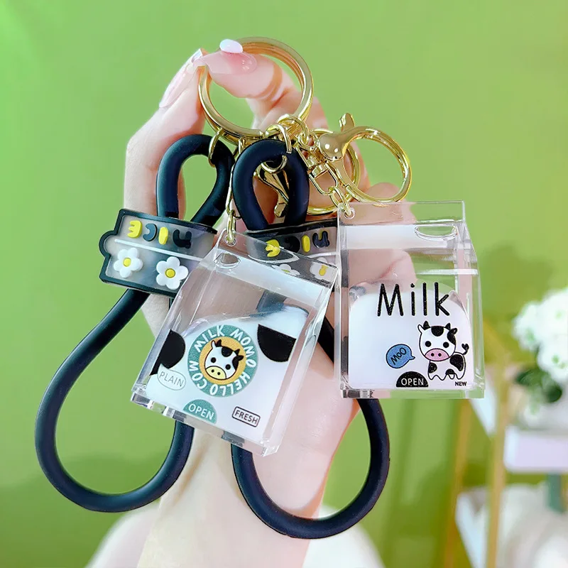 Creative Simplicity Into Oil Milk Carton Fresh Milk Liquid Key Chain Cute Prairie Cow Moo Moving Keyring Daisies Flower Lanyard