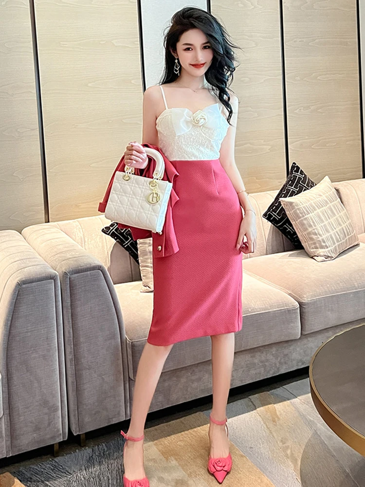 Elegante Süße 2 Stück Kleid Anzug Sets für Frauen 2023 Einreiher Jacke Glanz Pailletten Rose Bogen Slip Strap Dünne midi Kleid