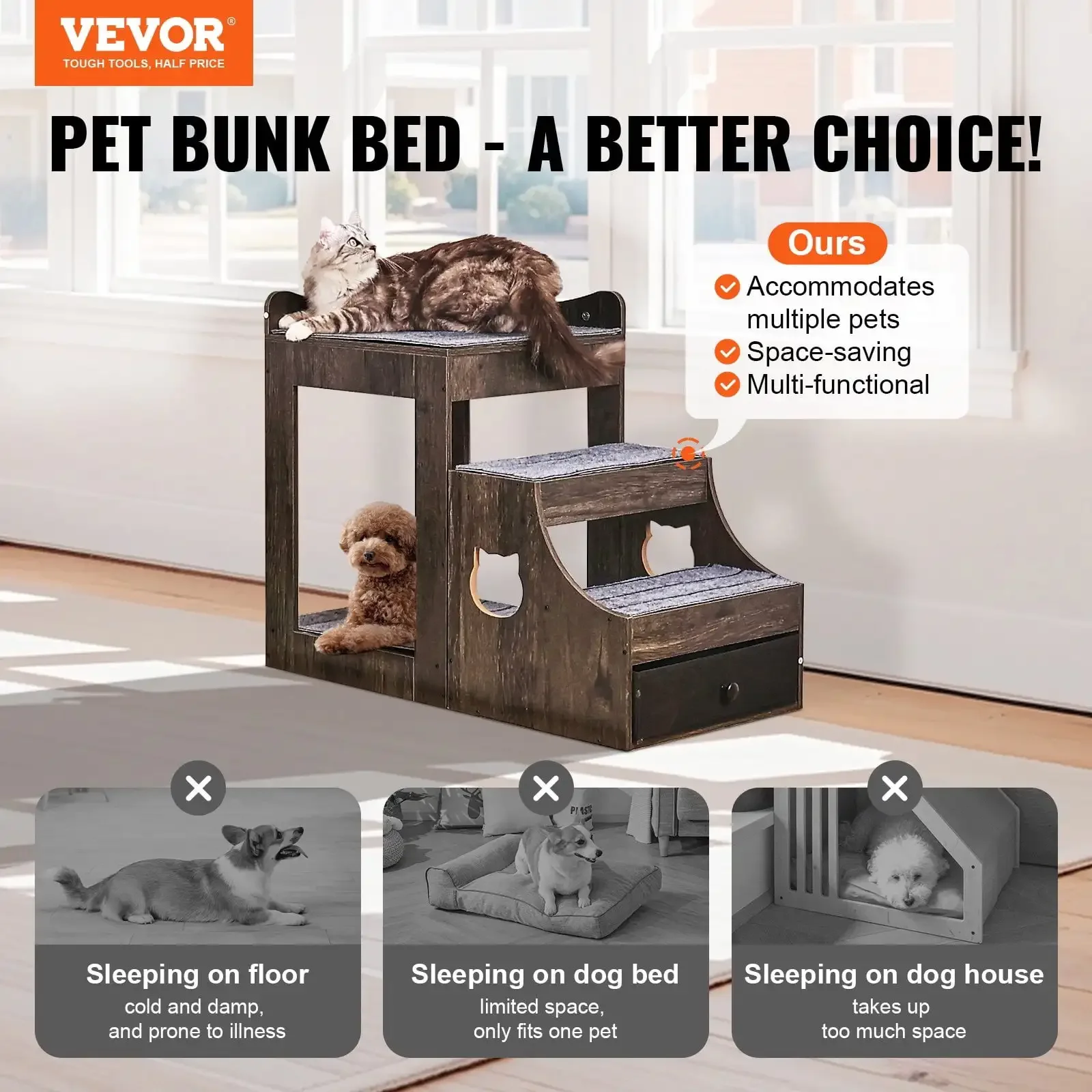 

Pet Bunk Bed with Stairs Dog/Cat Window Perch with Storage Indoor Gray