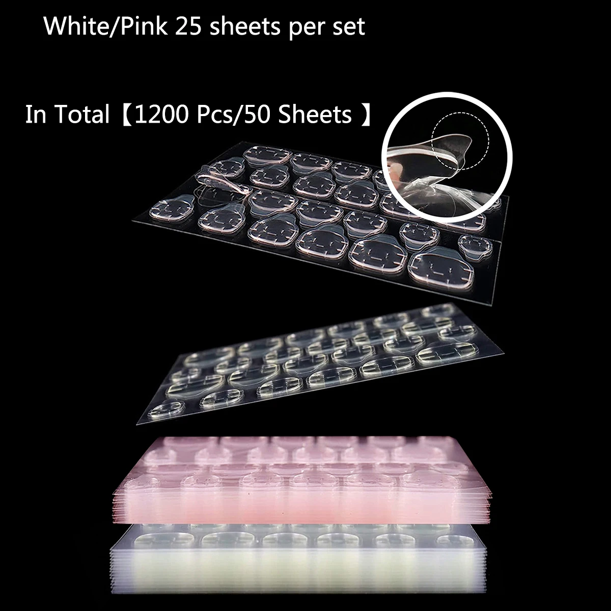 1200 Pcs (50 Sheets White & Pink) Nail Adhesive Tabs Set Double-Sided Transparent Nail Stickers for False Nails DIY Manicure