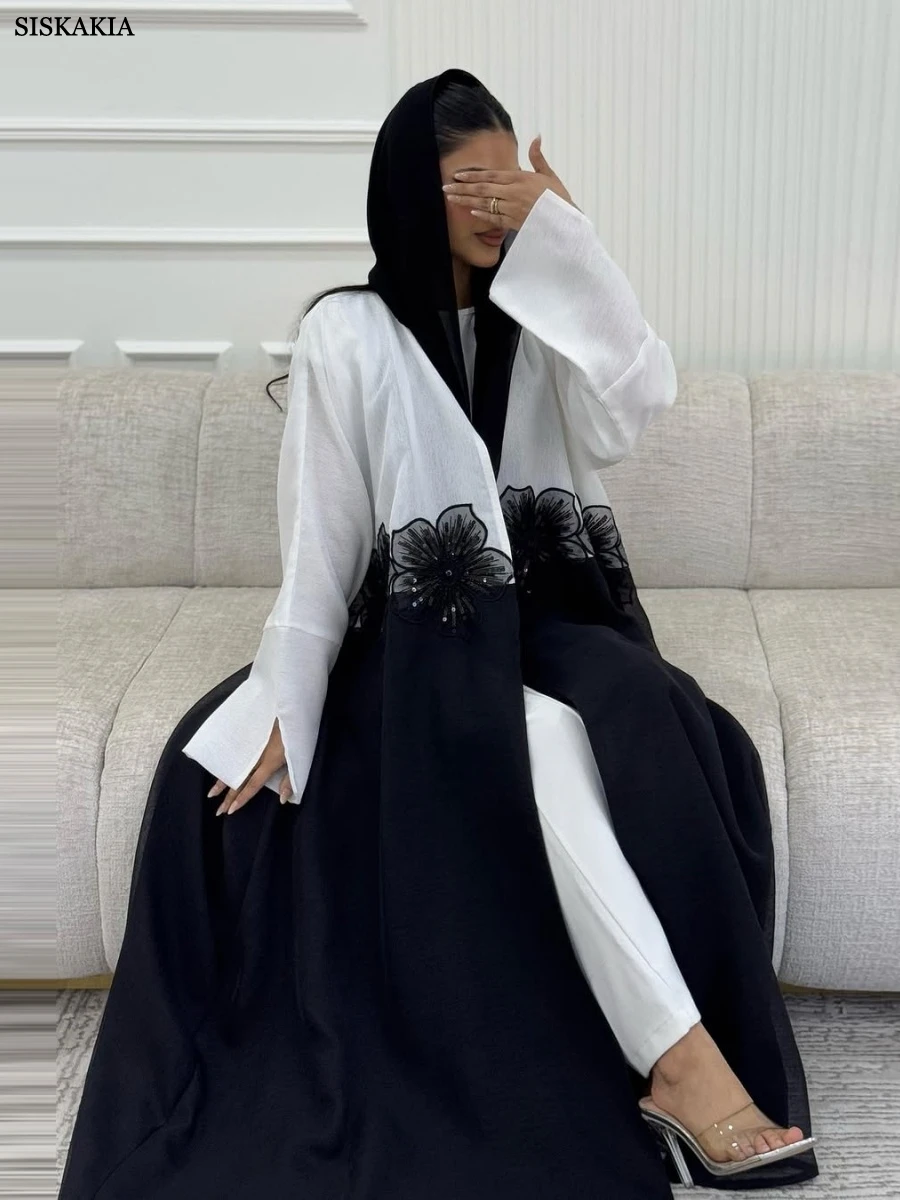 Siskakia Mode Dubai Applikationen Strickjacke Muslimische Frau Pailletten Patchwork Offene Abaya