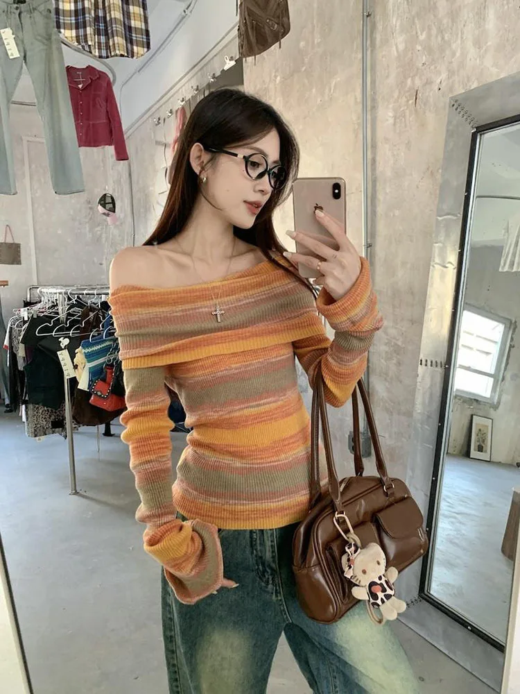 Harajuku Off Shoulder Knitted Sweater Women Vintage Green Striped Jumper Fairycore Slim Y2K Tops