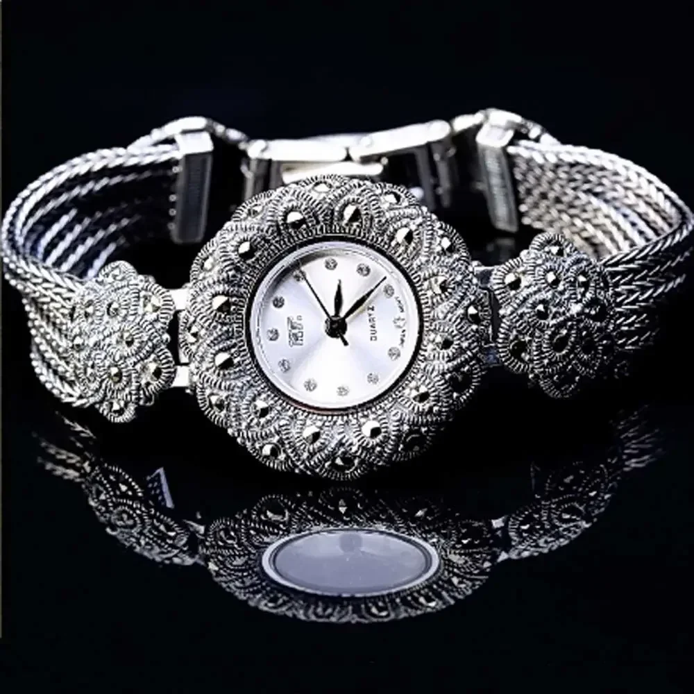 Collector's item-Retro Style Sterling Silver Thai Craft Plum Bracelet Elegant Watch Light Luxury Women's Watch for Lovers