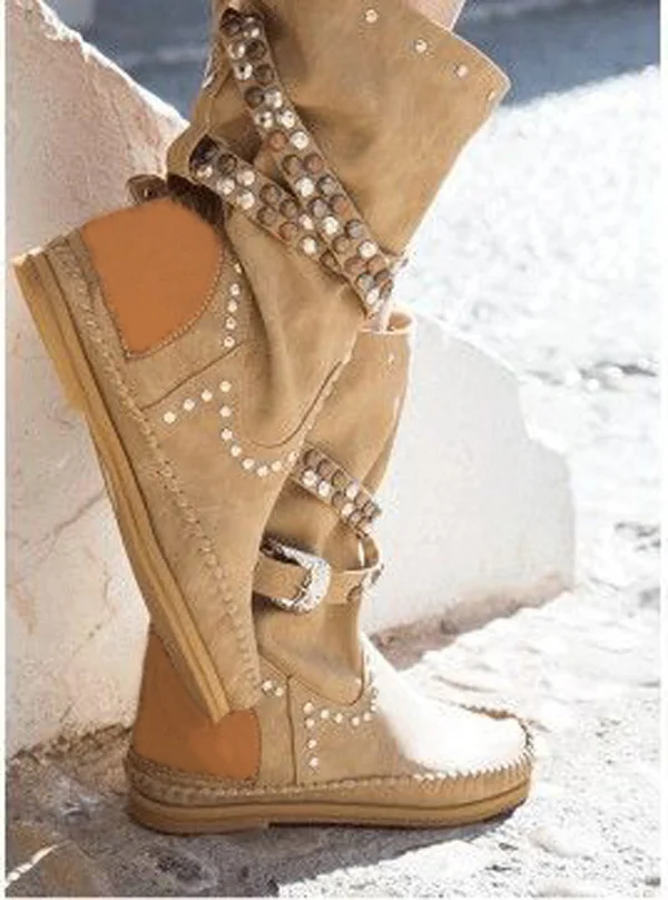 Summer Ladies Rivets Studs Buckle Belt Mid-calf Boots Woman Flat Fashion Patchwork Suede Slip on Long Boots