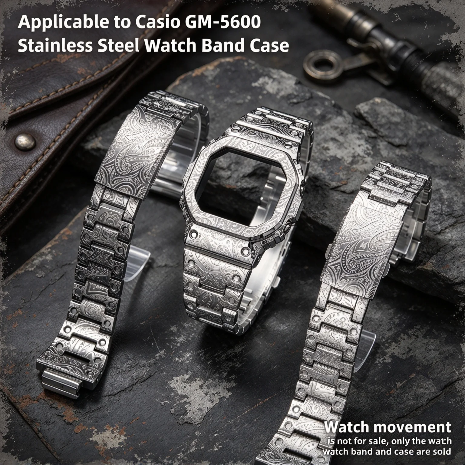 GM5600 Engraved Stainless Steel Watch Case Strap For Casio GM-5600 GM5600 Mod Kit DIY Modified Paisley Pattern Watch Parts  Men