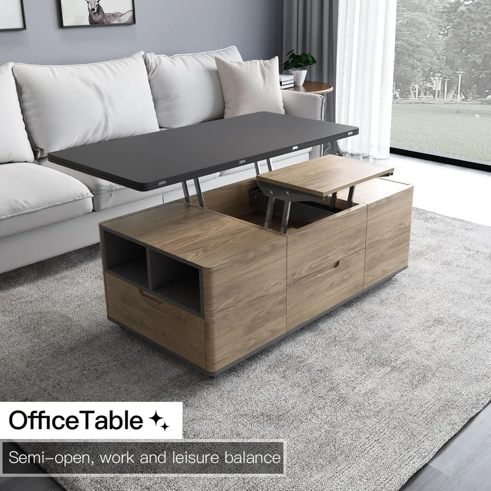 Lift Top Coffee Table with 4 Stools & Hidden Compartment and Storage Shelf, Rising Tabletop Dining Table for Living Room