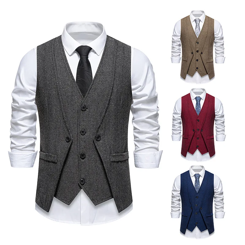 

Men Suit Vest Fake 2 Pcs Waistcoat Business Wedding Casual Turndown Collar Men's Dress Blazer Vests Formal Party V08