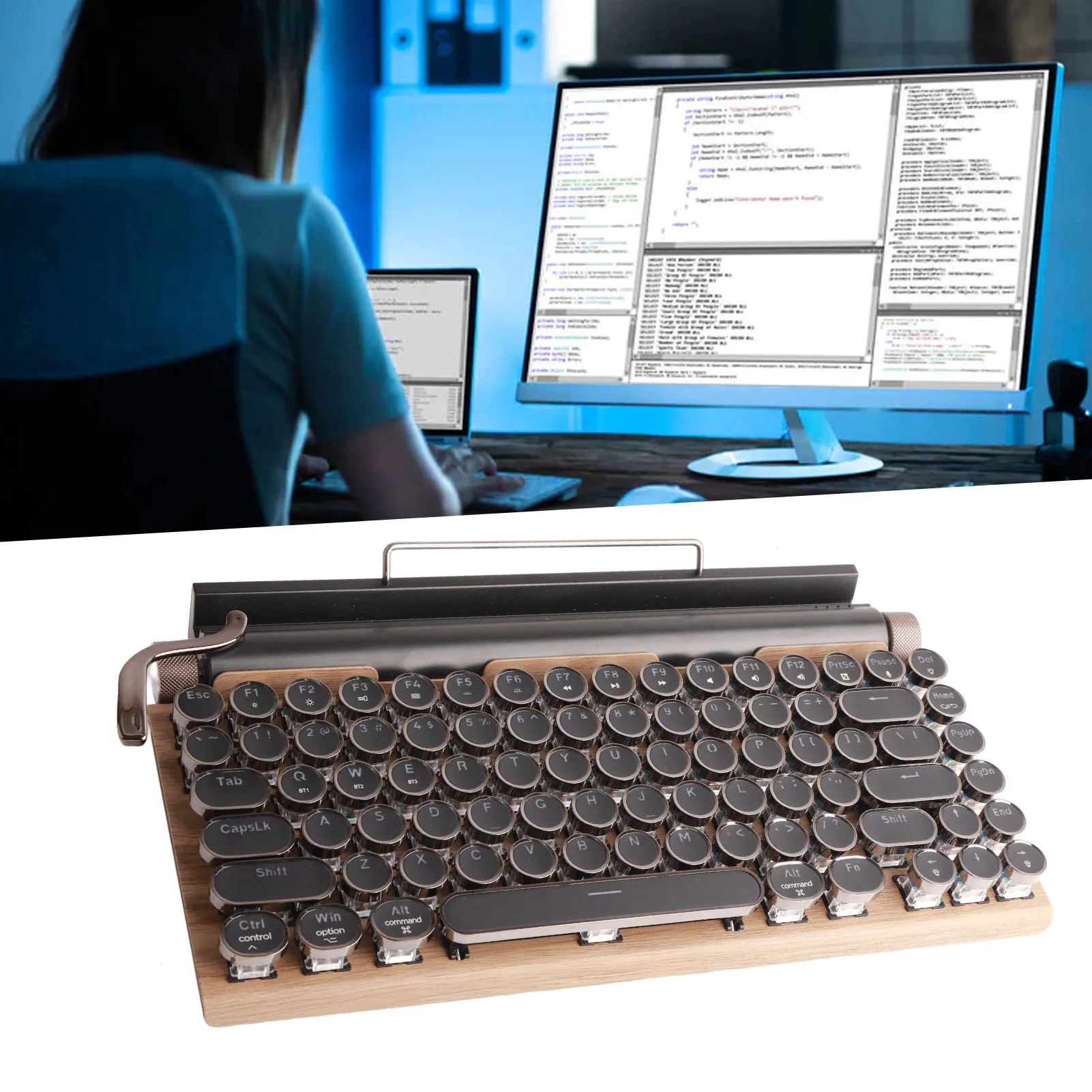 

Typewriter Keyboard 83 Keys Vintage Wireless Bluetooth Mechanical Keyboard with Metal Round Typewriter Mechanical Keyboard