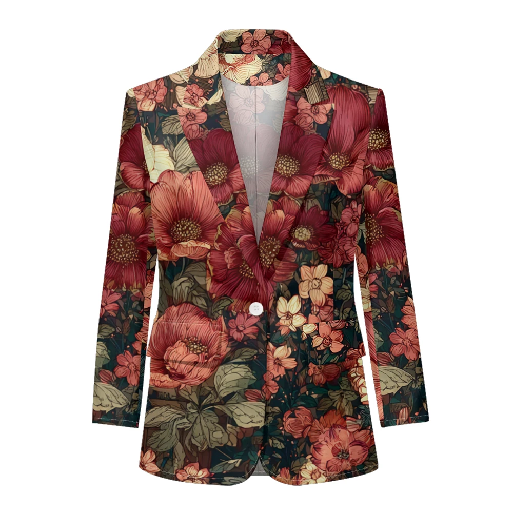 Vintage Florals Print Blazer Women's Fashion Elegant Retro Style Jacket One Button for Office Party and Daily Wear Autumn Casual