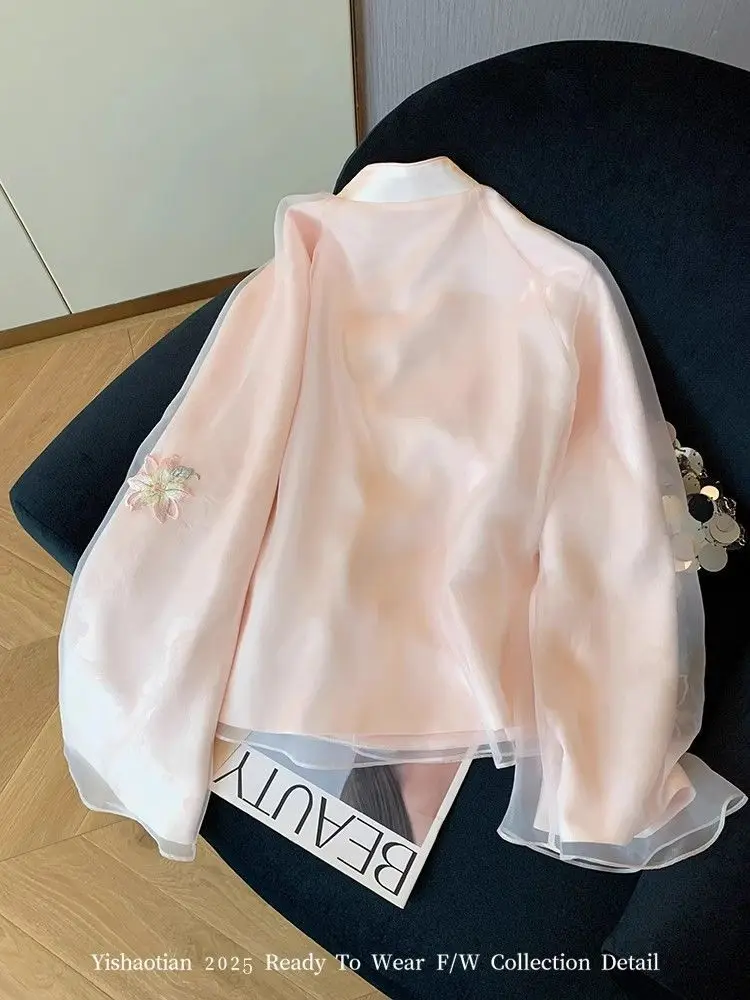 بلوزات شيفون مطرزة للنساء بأكمام طويلة بلوزات فضفاضة عتيقة على الطراز الصيني شيونغسام مقاس كبير