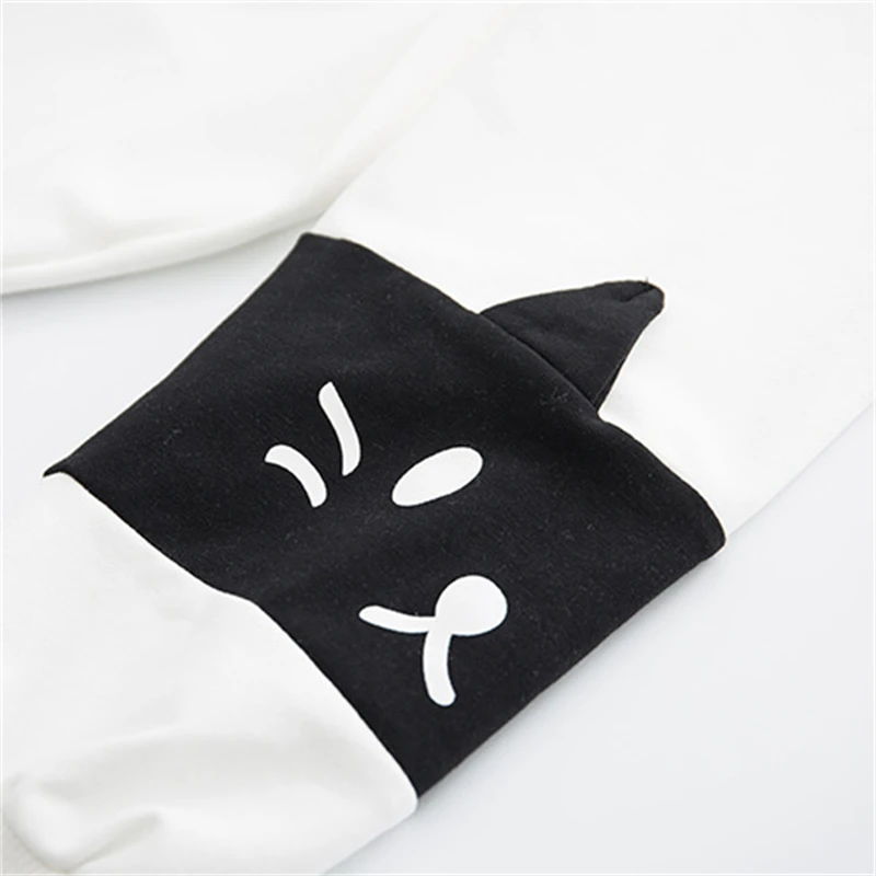 New Creative Cat Cartoon Print Color Blocking Hoodie With Black And White Patchwork Cute College Style Hoodie For Women