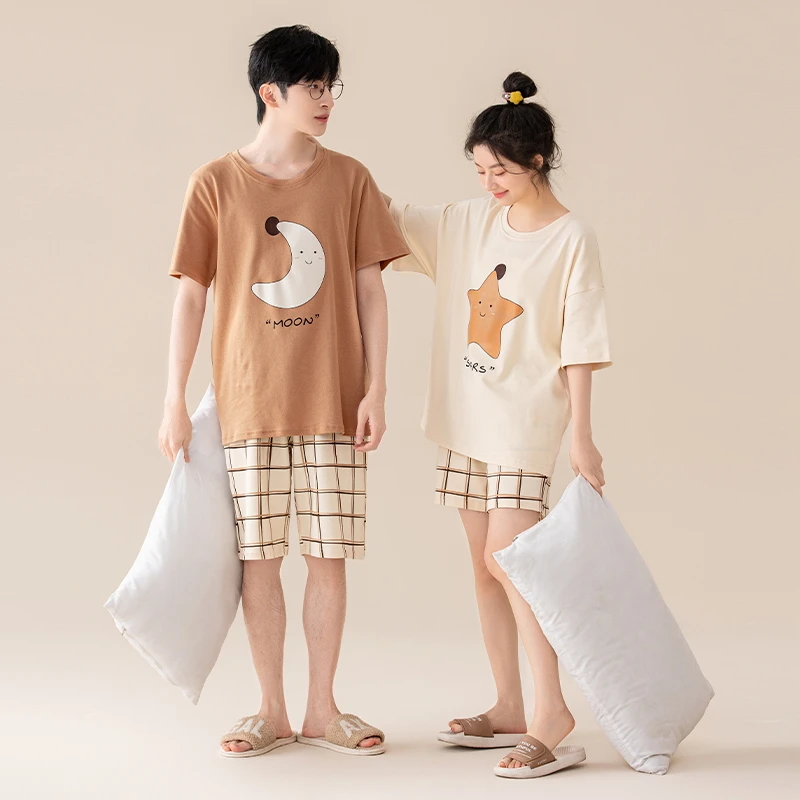 Couple Pajamas Set Summer Short-Sleeved Sleepwear 100% Cotton Men and Women Pyjamas