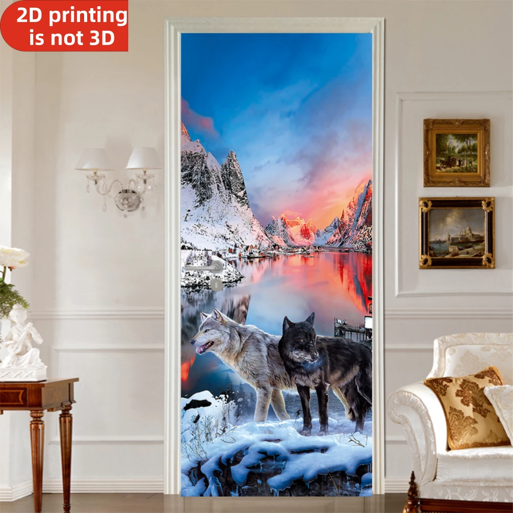 Self-adhesive Two Wolves Snowy Mountain Landscape Vinyl Door Fridge Cover Wallpaper Home Decor