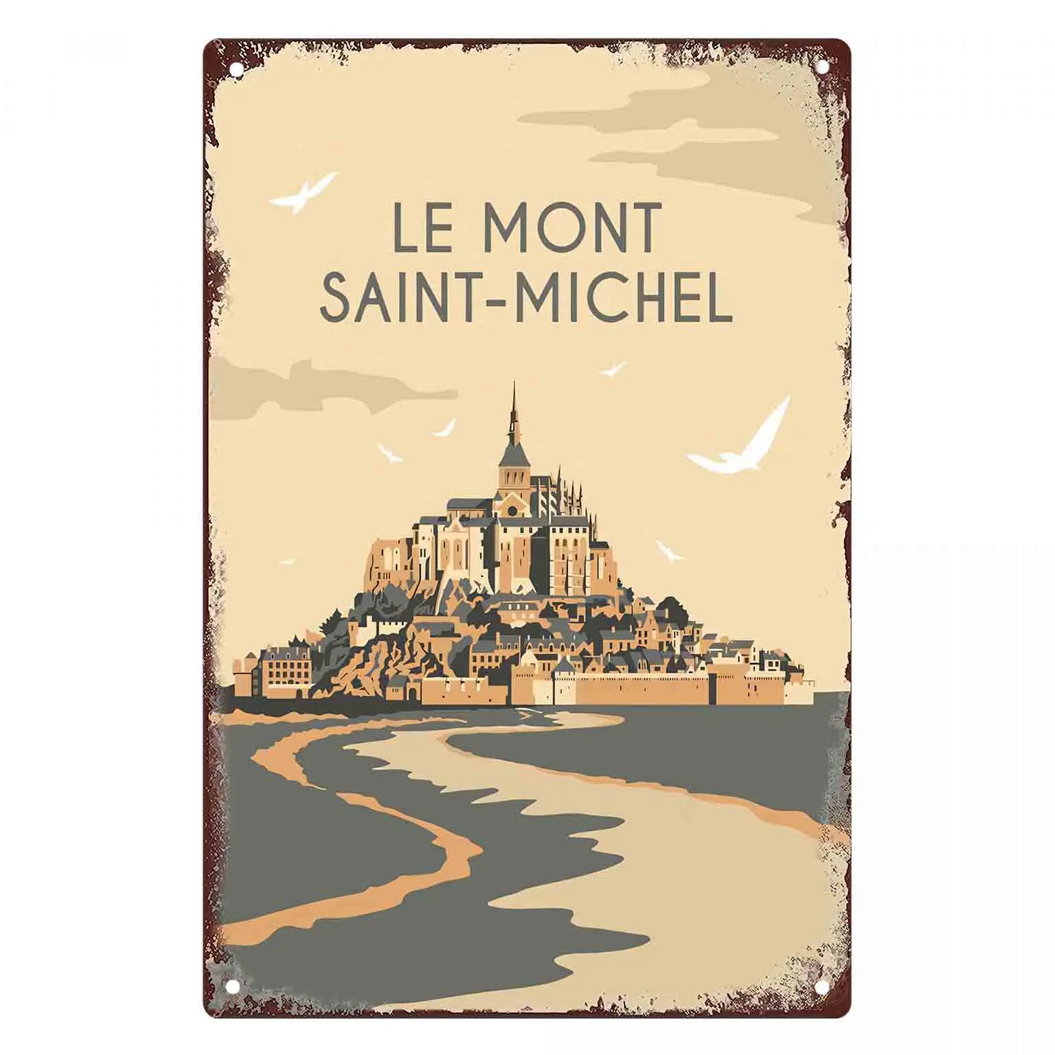 2D FLAT 1pc Le Mont Saint Michel Vintage Travel Poster Metal Wall Sign Decoration for Home Cafe Garage Bedroom Porch And Garden