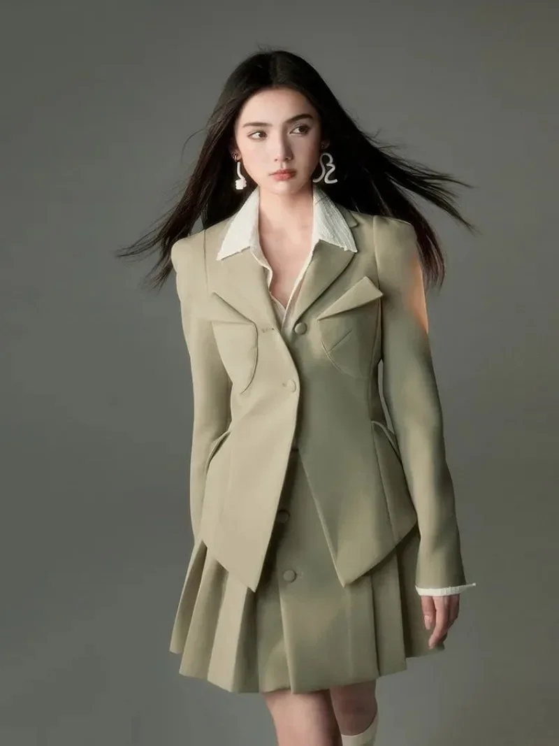 Miiiix 2024 Autumn New Style Casual Olive Green Waist Cinched Suit Jacket Pleated Skirt Three Piece Set Female Clothing