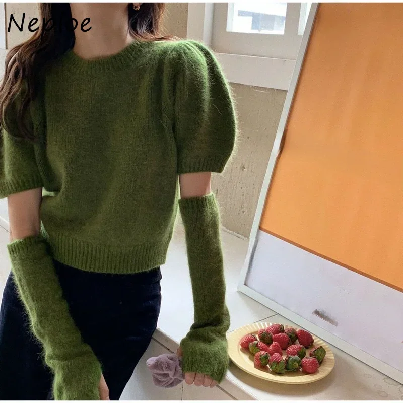 Neploe Korean Office Lady Elegant Simple All-match Knitted O Neck Short Sleeve Pullover Solid Color Design Sense Sweater with