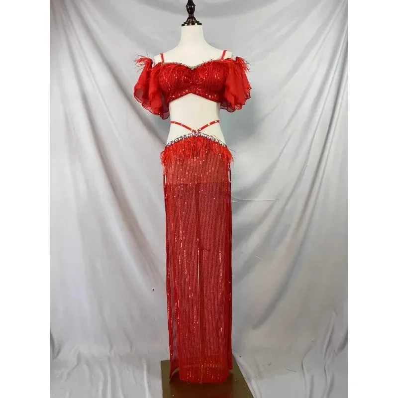 

BellyDance Performance Costumes Luxury Rhinestone Tassel Silver Sequin Dress Oriental Dance Professional Performance Clothing