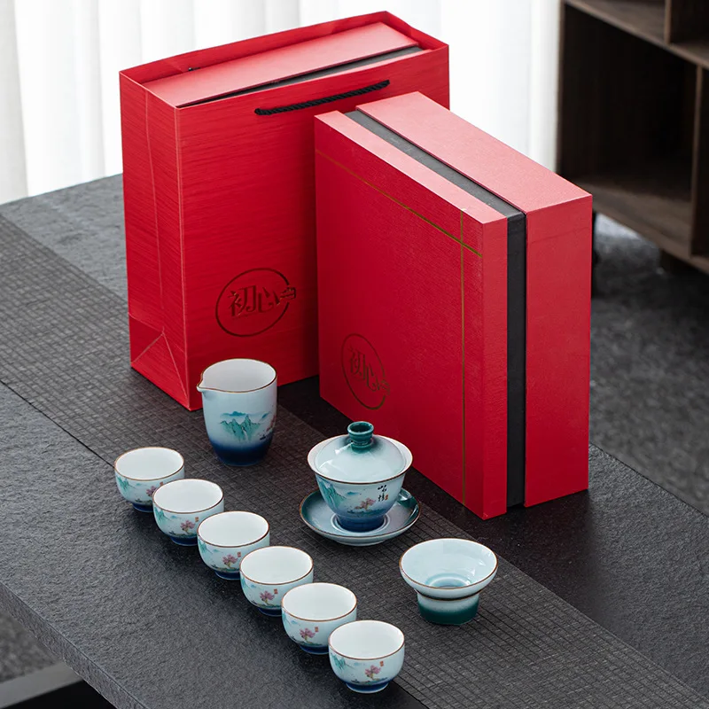 Gradient Green Lamb Fat Jade Tea Set Complete Office Home Teapot Teacup Gaiwan Simple Gift Box SetLOGO