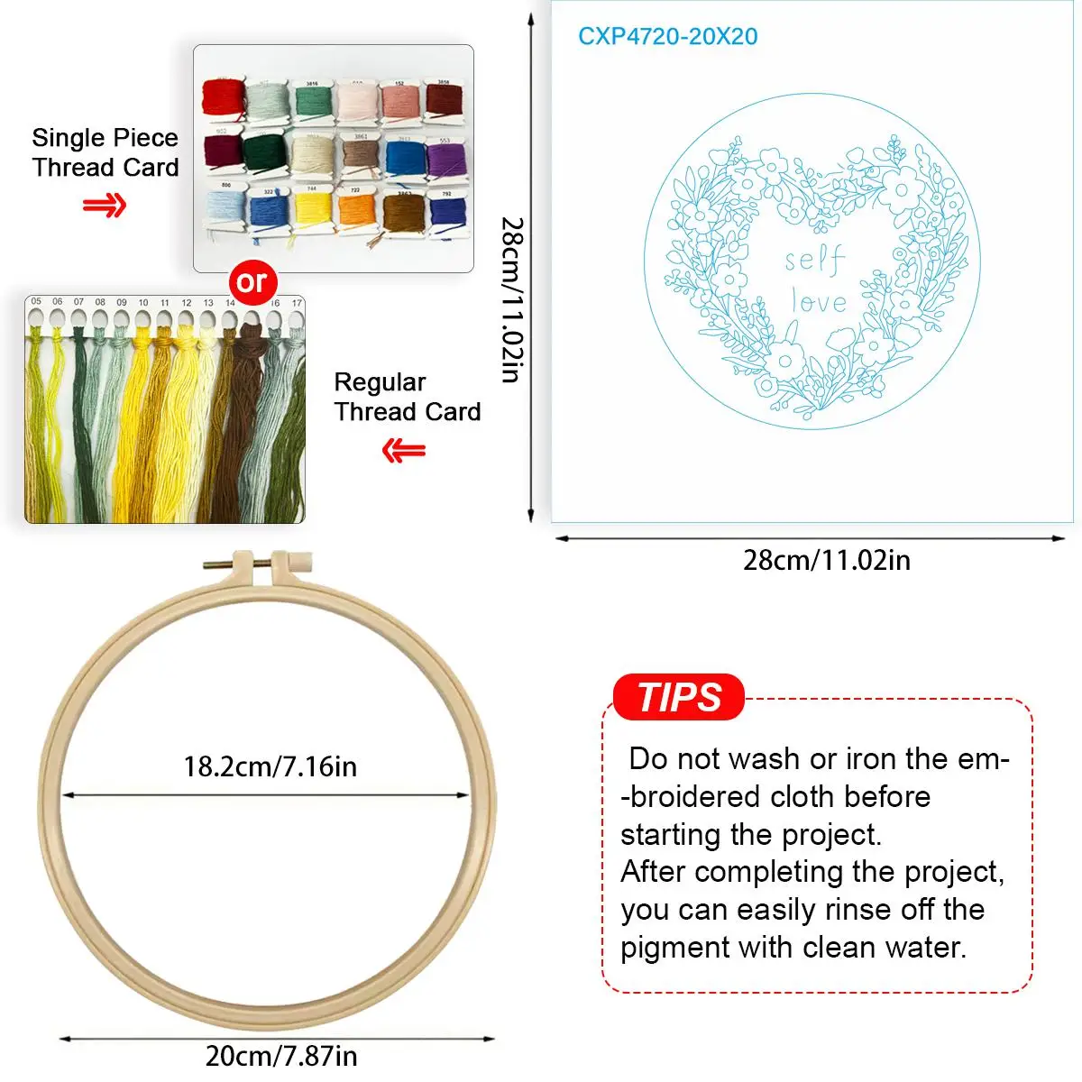 1 Stück 20X20CM/15X15CM 7,87/6,3 Zoll Liebesblätter Stickerei Starter-Kit DIY-Kit DIY-Stickerei-Set für Anfänger – Detail 4